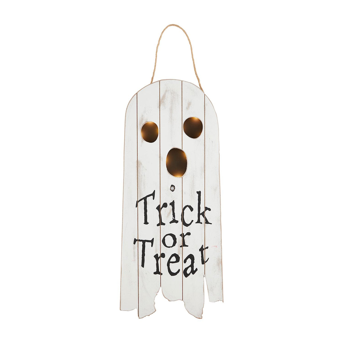 Ghost-shaped light-up door hanger made from pine wood with a natural finish.