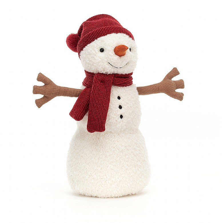 Teddy Snowman plush toy in white with black eyes and carrot nose.