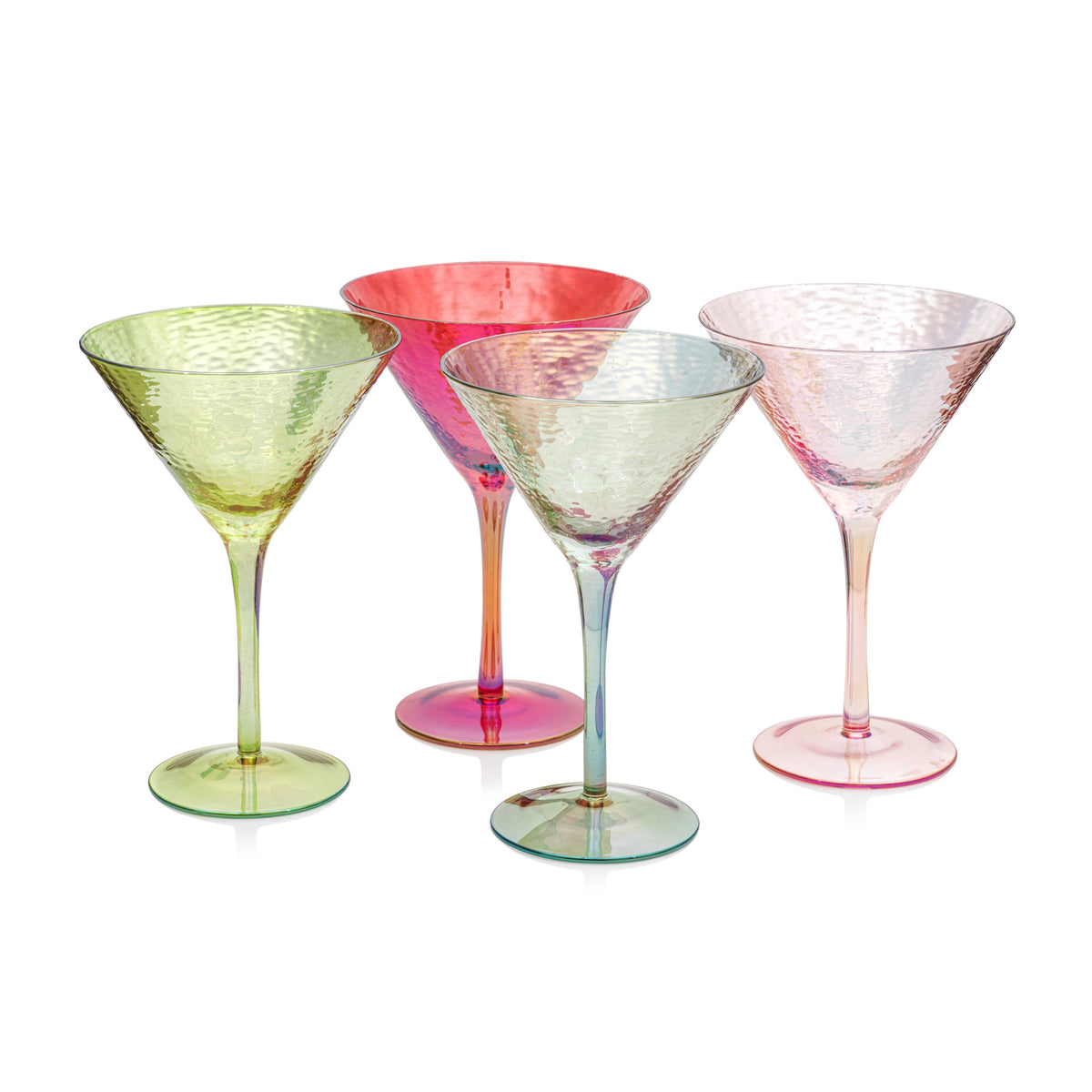 Set of four Aperitivo Martini Glasses in green, red, light blue, and pink hammered soda-lime glass.