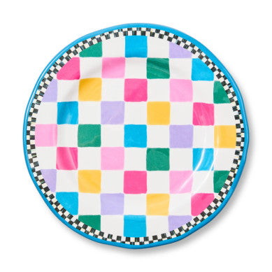 Jamboree Melamine Salad Plate featuring a colorful checkerboard pattern with a black and white rim.
