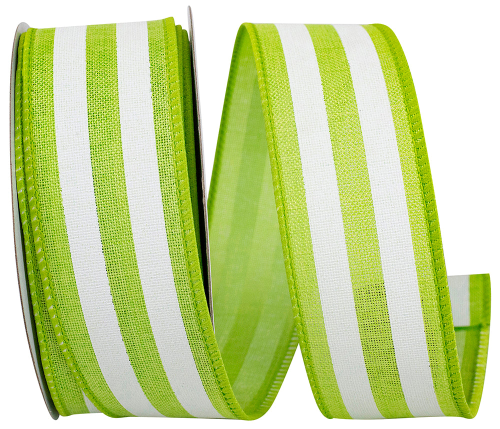 Lime green continuous stripe linen wired edge fabric roll with a 1-1/2 inch pattern.