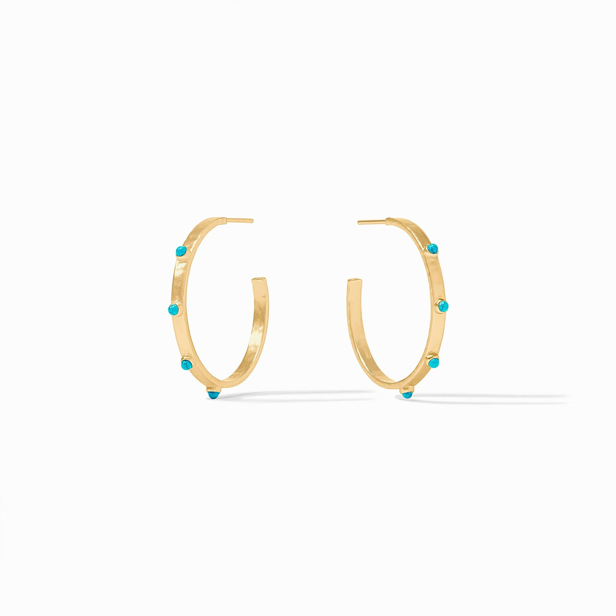 Lightly hammered gold hoop earring with gemstone accents and a Julie Vos hallmark.