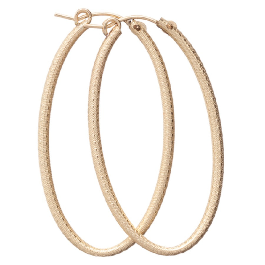 Oval gold-filled 2-inch hoop earrings with a textured finish.