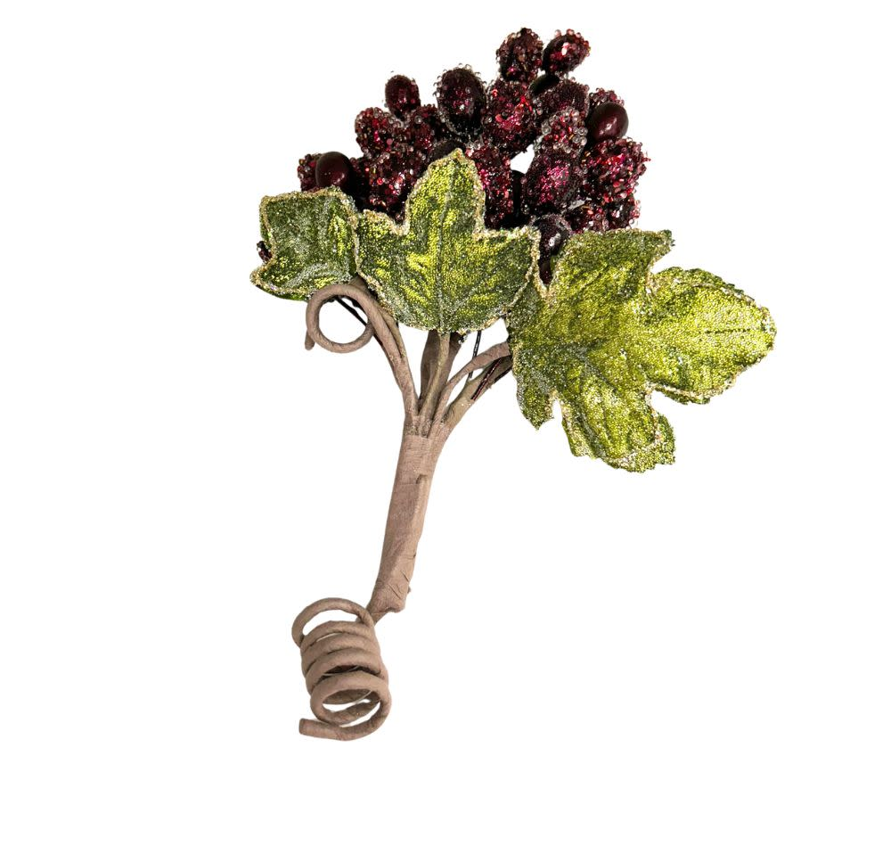 13-inch micro beaded grape cluster ornament with dark red berries and glittery green leaves.