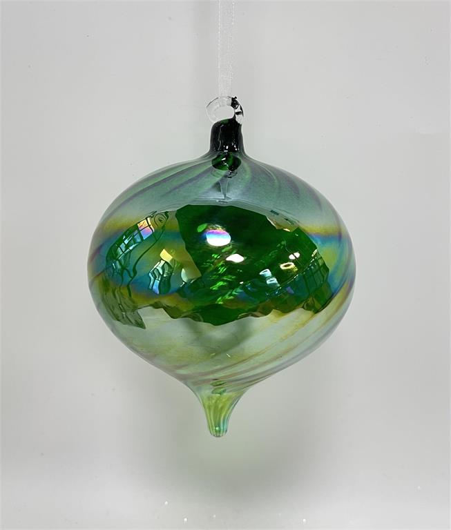120mm green glass onion ornament with an iridescent swirl pattern and a pointed base.