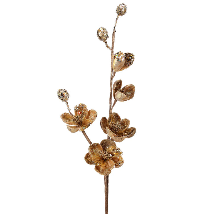 35-inch gold magnolia stem with crystal-encrusted petals and buds on a slender branch.