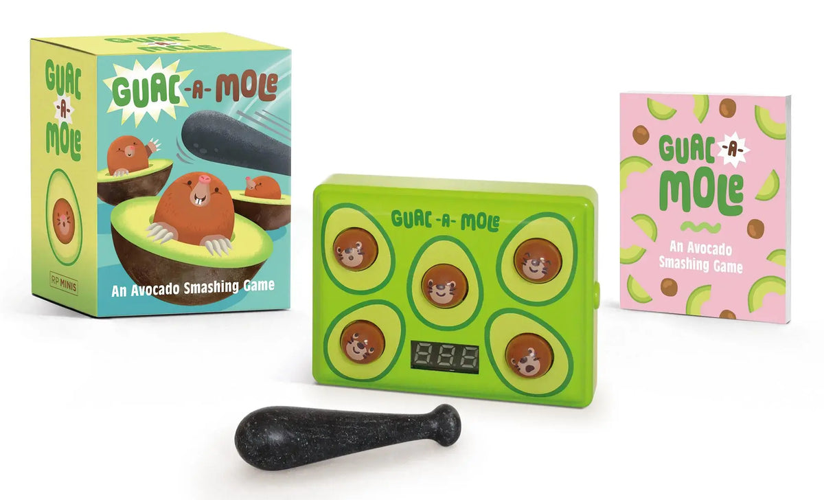 Portable Whac-a-Mole game featuring light-up avocado-shaped targets in green with sound effects.
