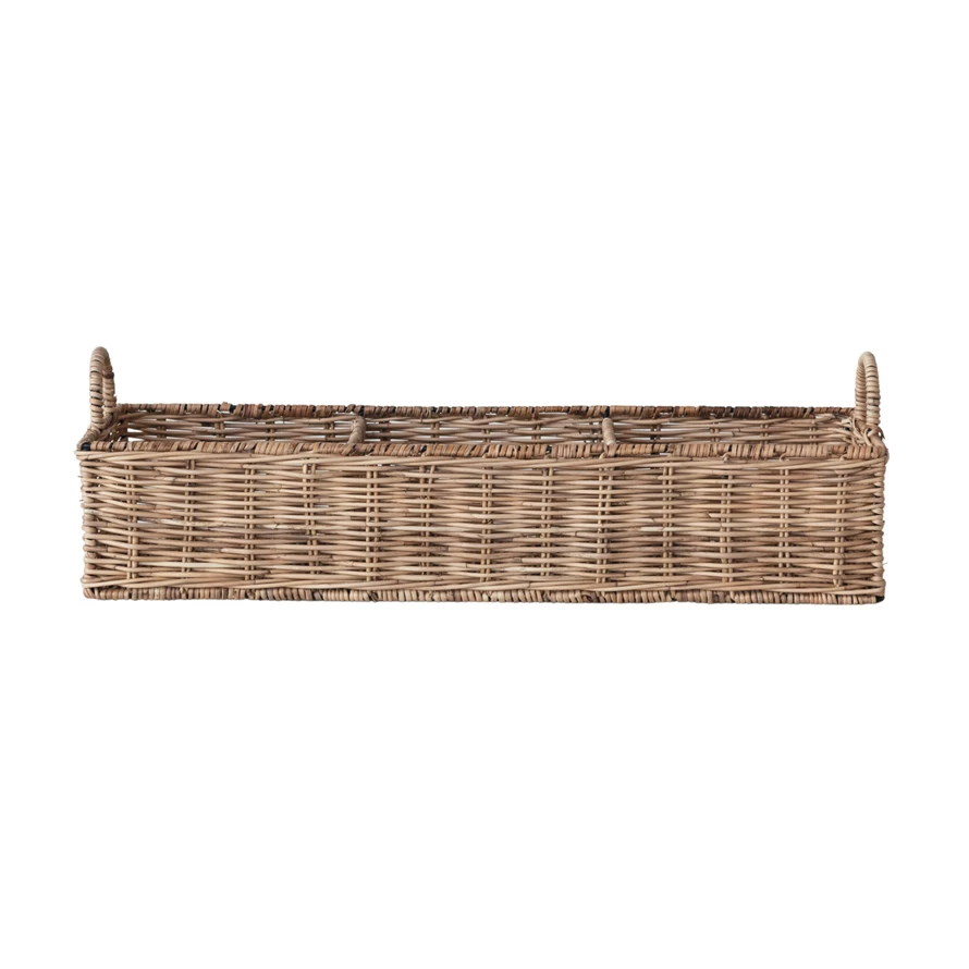 Hand-Woven Rattan Basket w/ 3 Sections & Handles - Natural