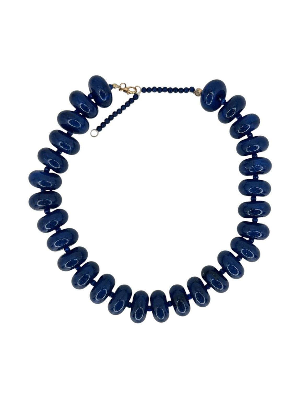 Candy Necklace featuring oversized, glossy blue beads with an adjustable gold-tone clasp.