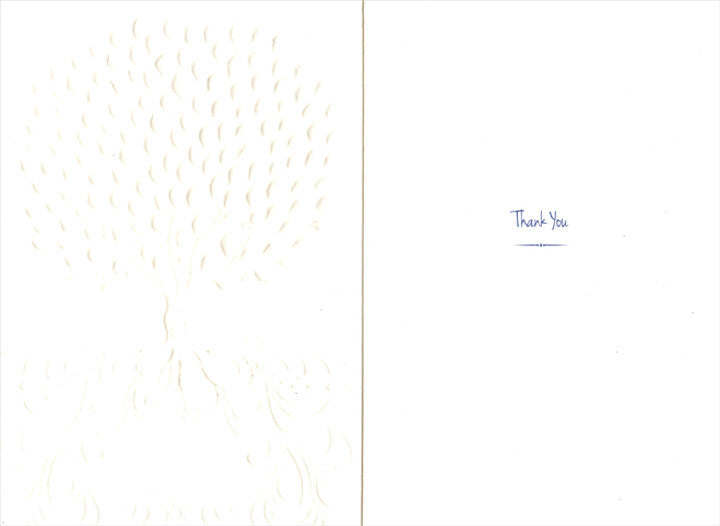 White thank you card featuring a tree with pink blossoms and text reading Happiness Blossoms.