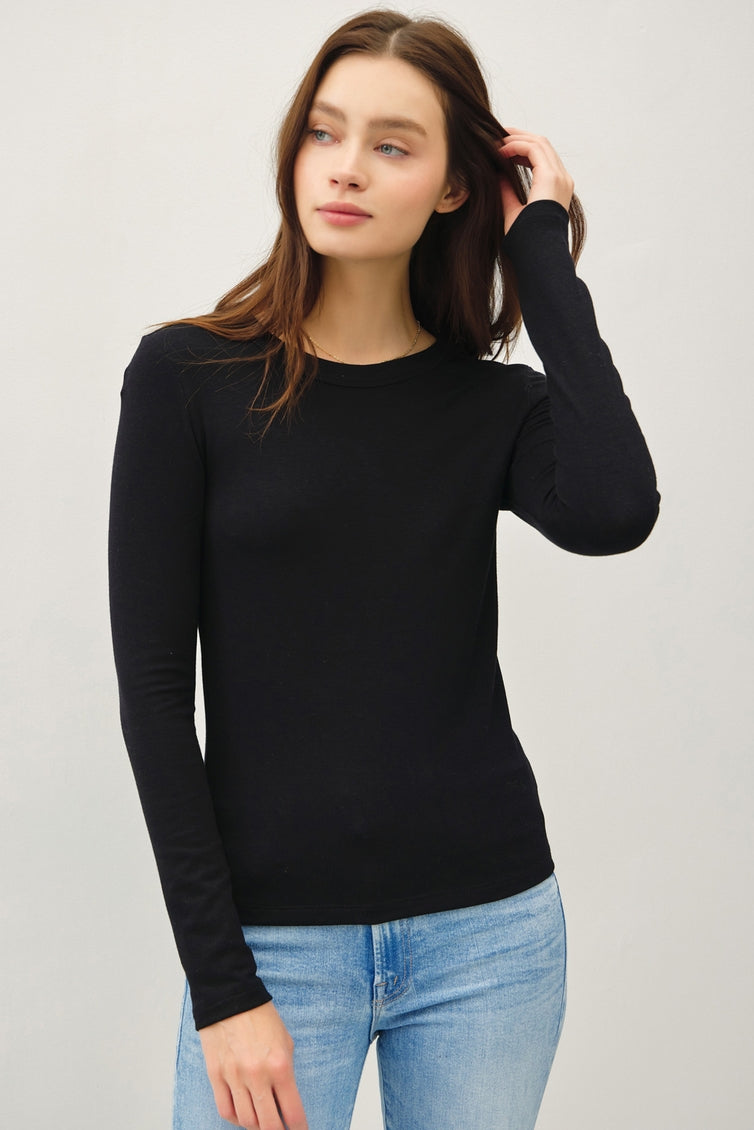 Audrey round neck long sleeve knit top in soft stretchy material with relaxed slim fit silhouette