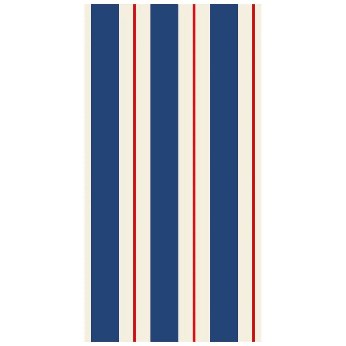 Navy blue guest napkin with red geometric pattern, folded flat.