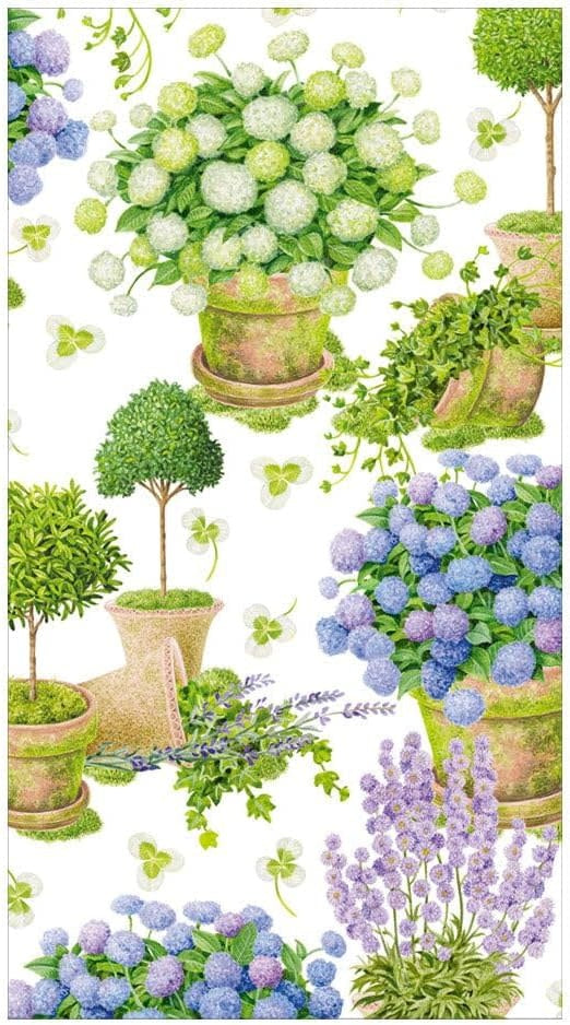 White paper guest towel with potted hydrangea floral print