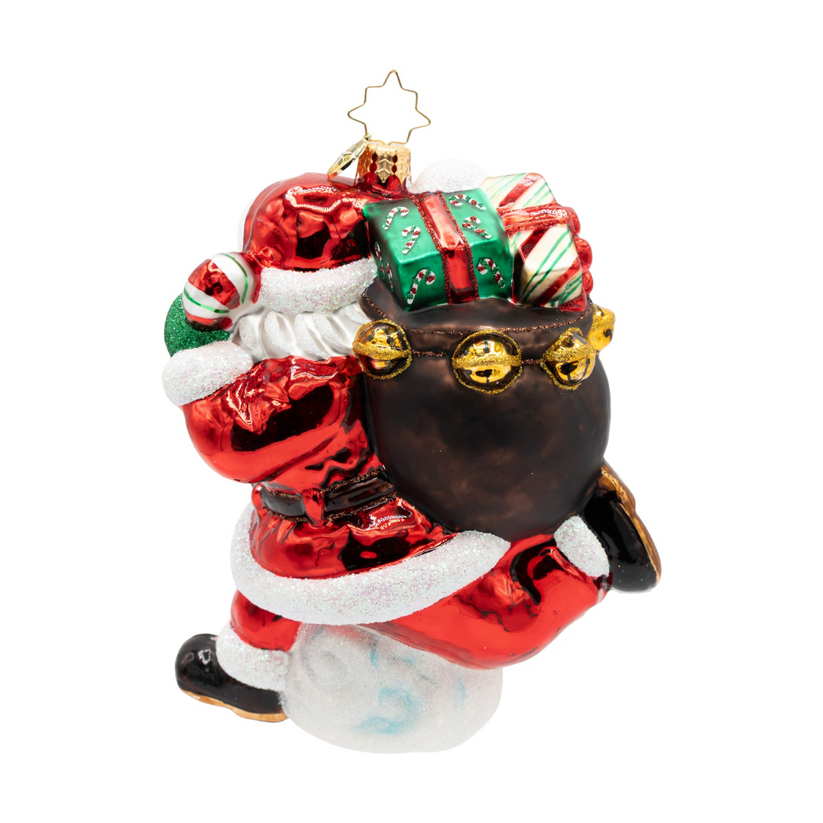 Glass Santa ornament carrying a sack of gifts and a candy cane, titled Hustlin' Through the Holidays