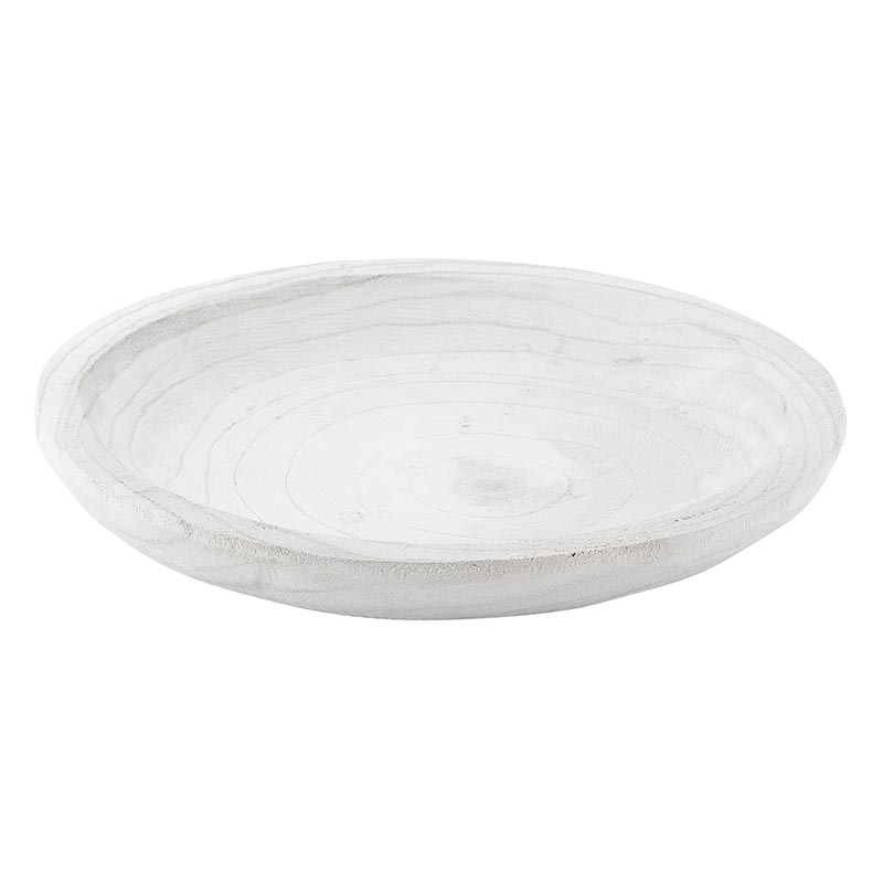 White wash Paulownia wood medium bowl with a round shape.