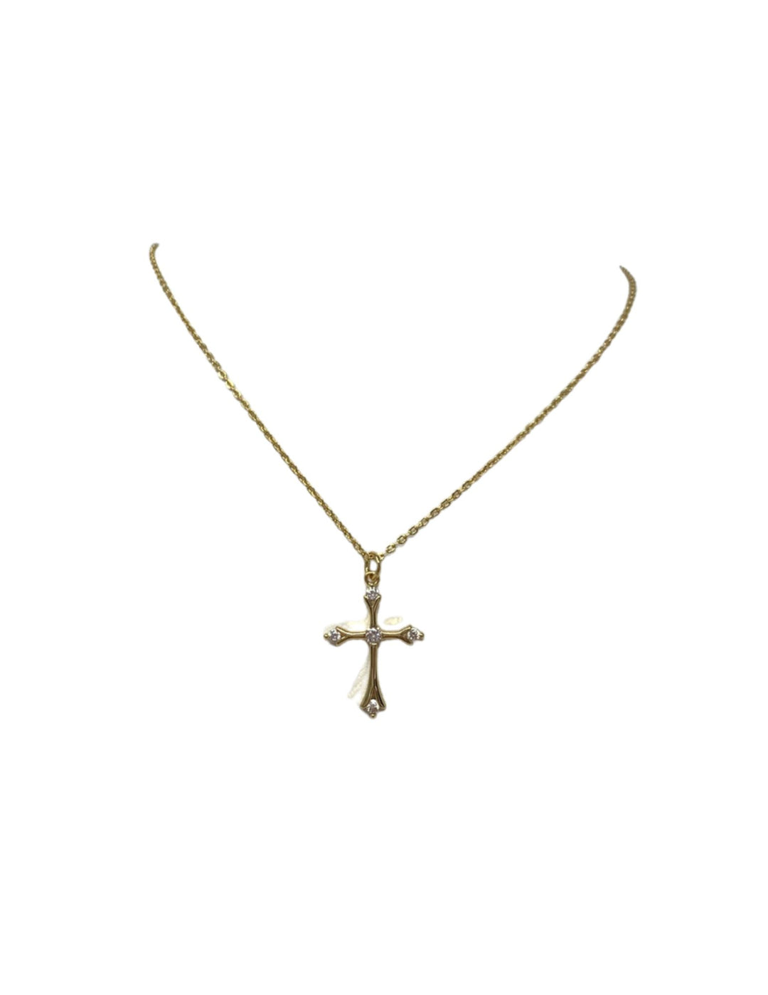 Gold CZ Five Stone Cross Necklace featuring a gold chain and a cross pendant with five clear stones.