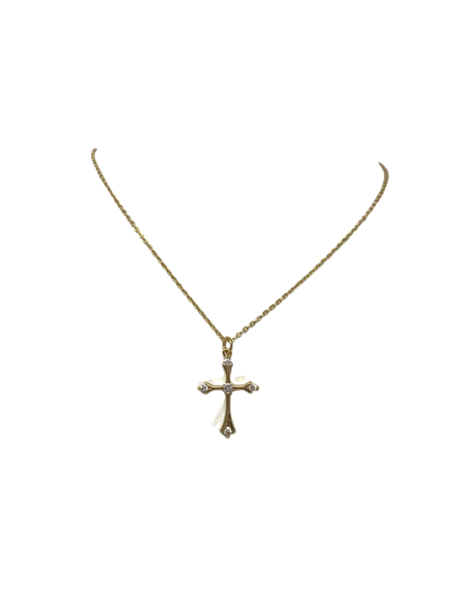 Gold CZ Five Stone Cross Necklace featuring a gold chain and a cross pendant with five clear stones.