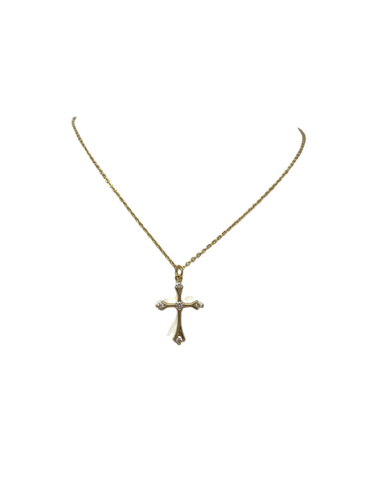 Gold CZ Five Stone Cross Necklace featuring a gold chain and a cross pendant with five clear stones.