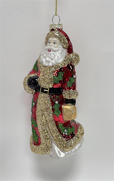 Glass Santa Claus ornament in a red robe with gold glitter trim and green holly leaf patterns.