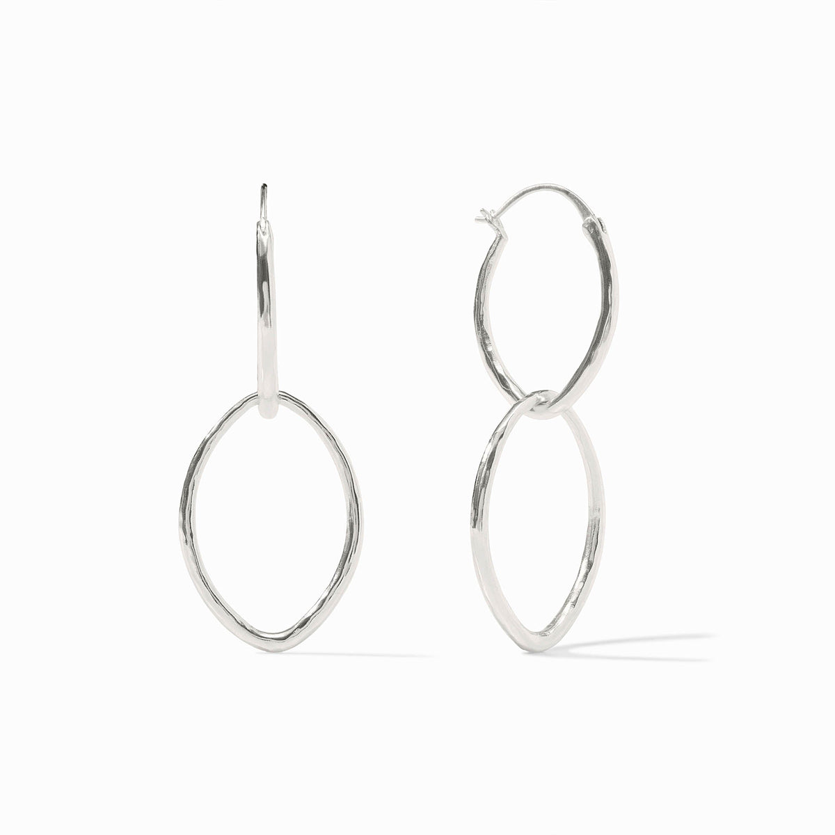 Fleur-de-Lis 2-in-1 silver earrings featuring two interlocking oval hoops with a hinge closure.