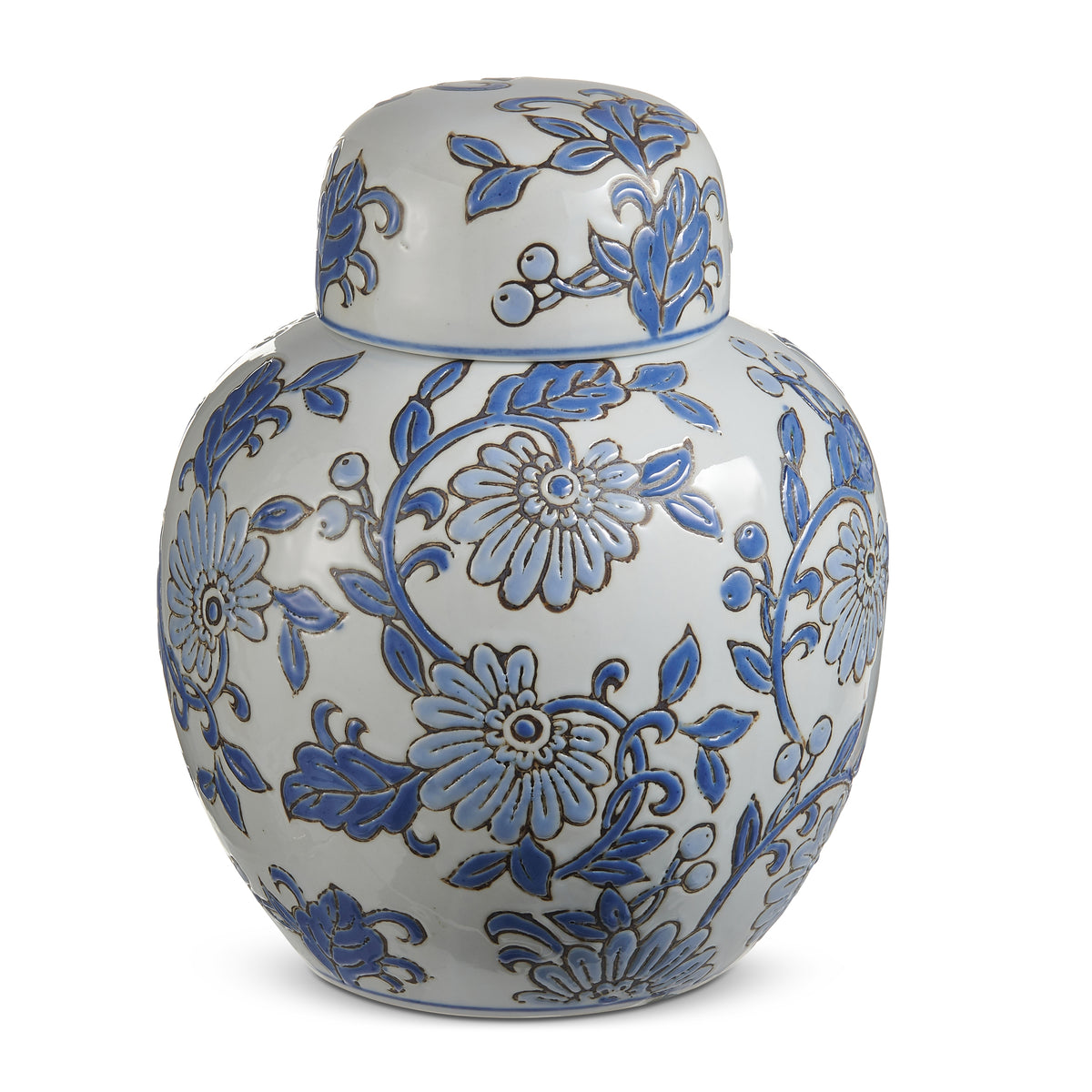 Nine-inch round clay jar with blue vine pattern on white background