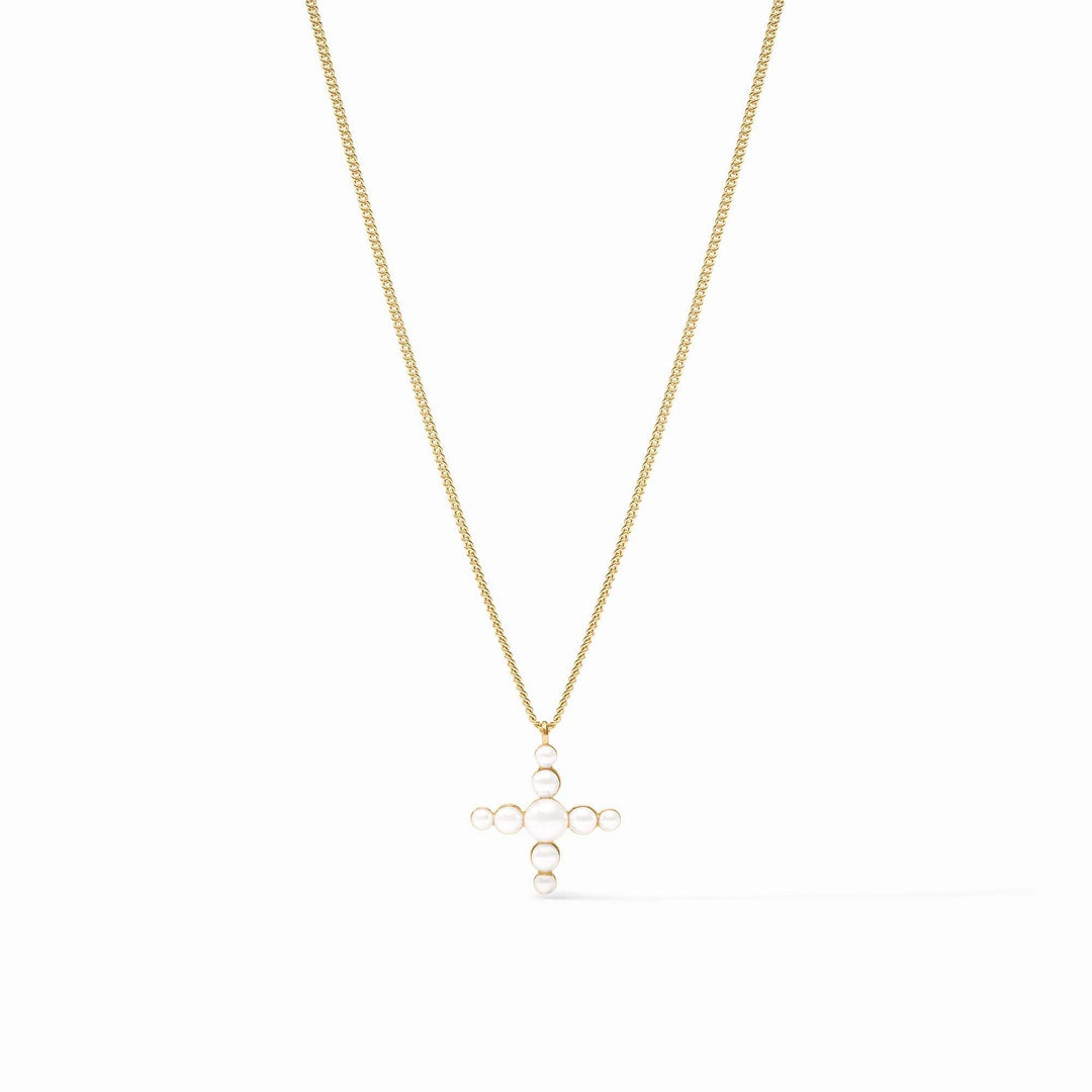 Delicate curb chain necklace with a cross-shaped pendant featuring gemstone beads in pearl and gold tones.