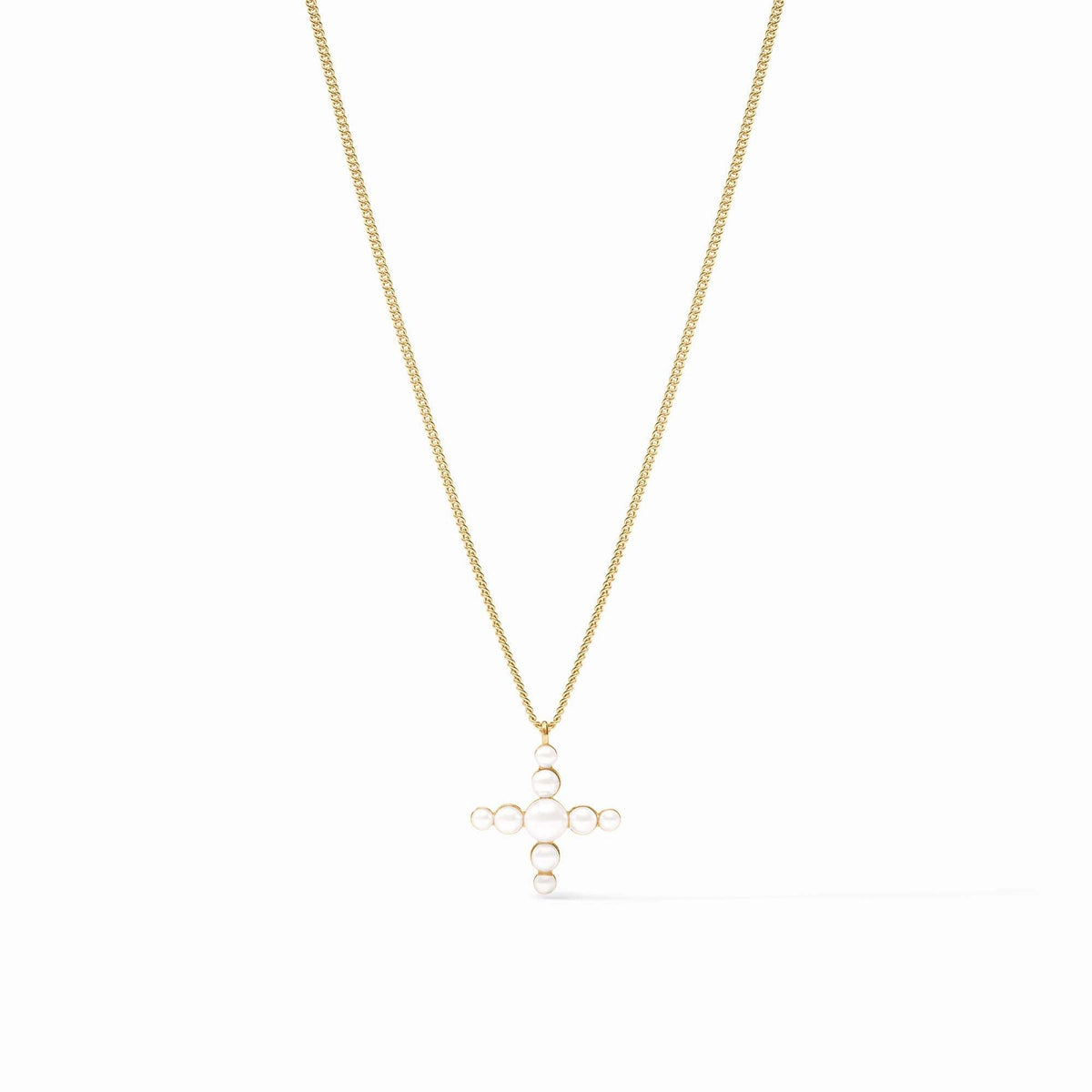 Delicate curb chain necklace with a cross-shaped pendant featuring gemstone beads in pearl and gold tones.