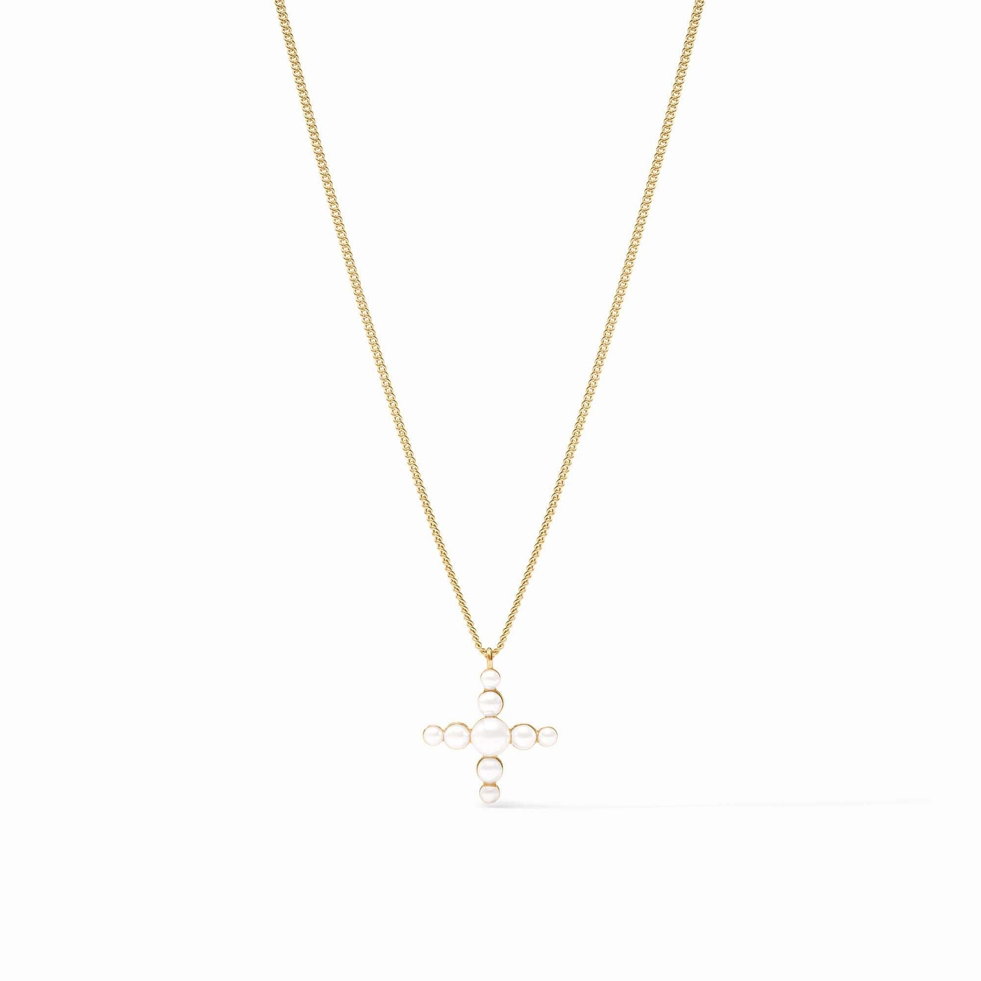 Delicate curb chain necklace with a cross-shaped pendant featuring gemstone beads in pearl and gold tones.