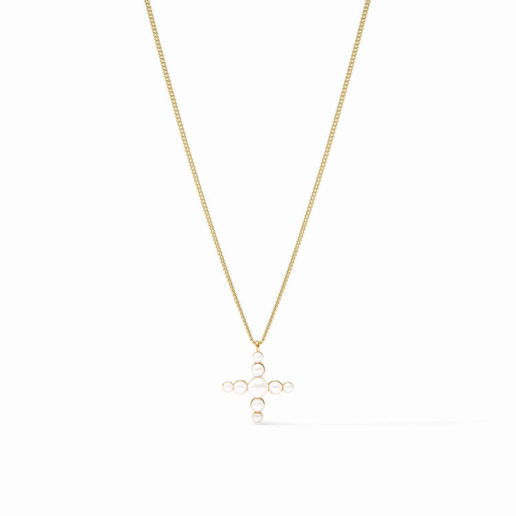 Delicate curb chain necklace with a cross-shaped pendant featuring gemstone beads in pearl and gold tones.