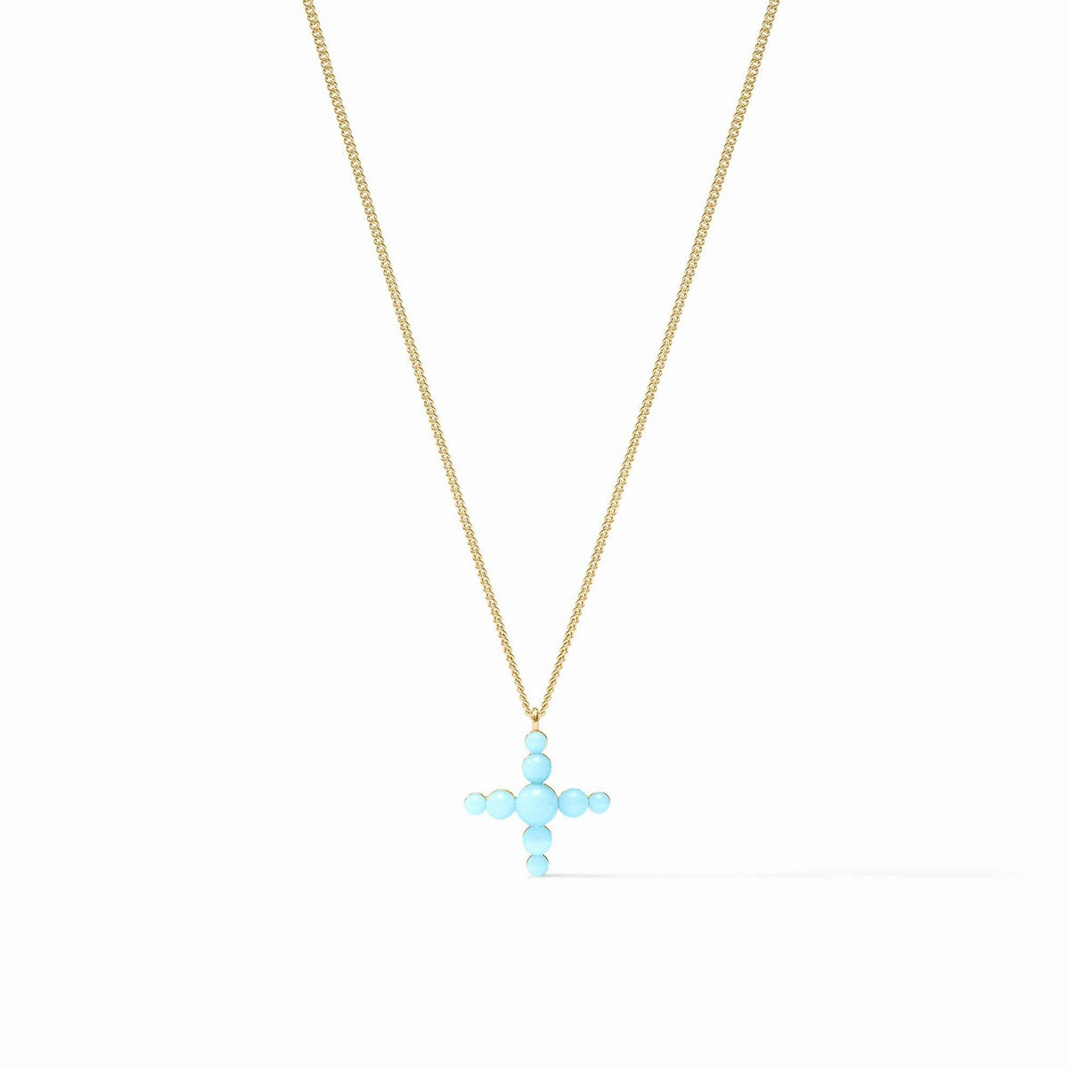 Powder blue reconstituted stone cross necklace on a delicate gold curb chain with spring clasp