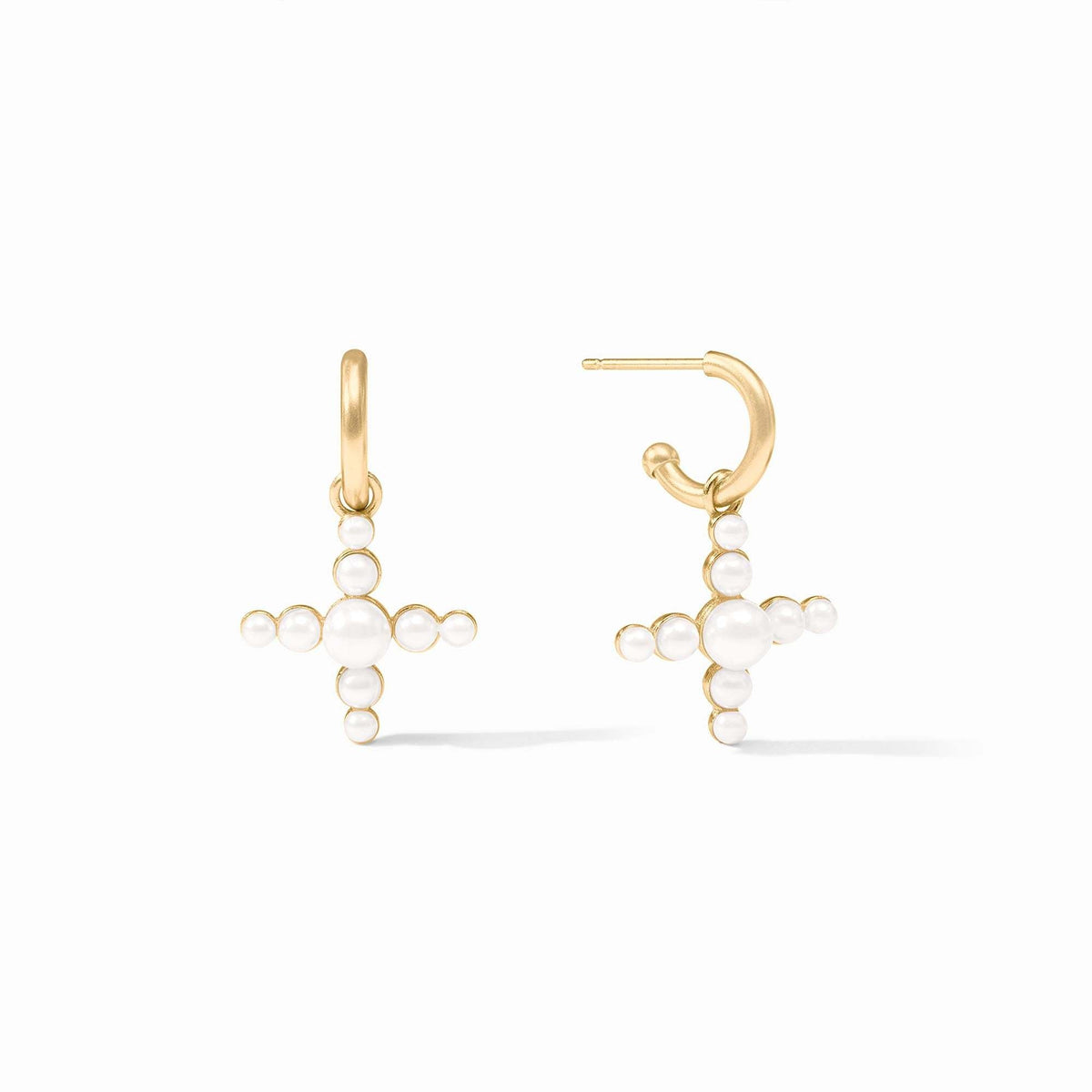 Gold-plated huggie hoop earring with a dangling cross charm featuring reconstituted gemstone beads.