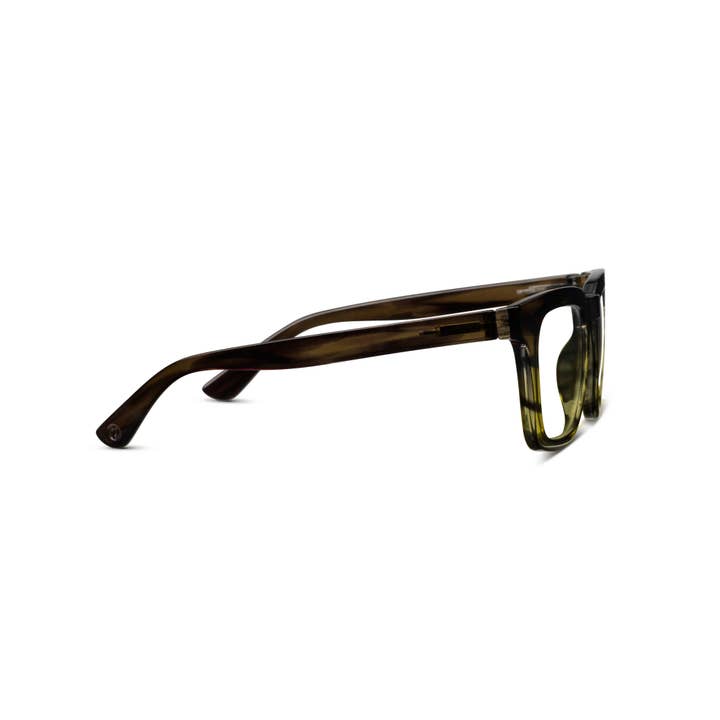 Side view of Cavern blue light glasses with a dark olive tortoise shell polycarbonate frame.