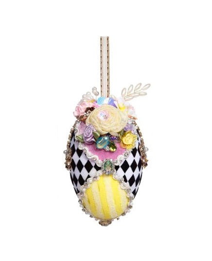 Six-inch Harlequin jewelled egg ornament with floral fabric pattern on lightweight foam and ribbon hanger