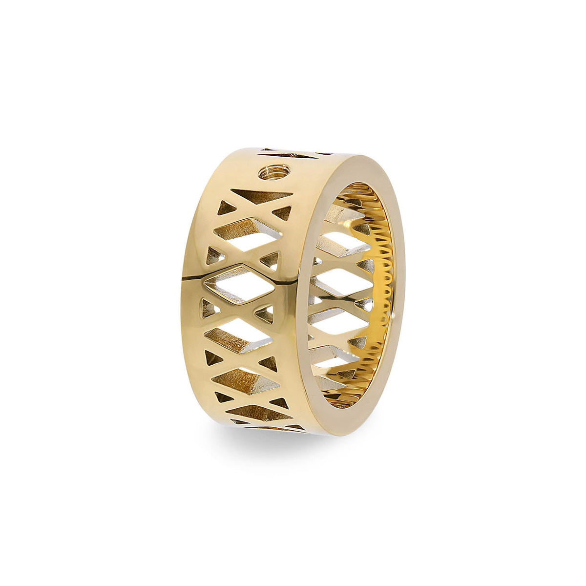 Gold ring with a geometric cutout pattern and a width of 0.39 inches.