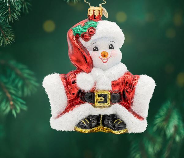 Santa's Snowy Stand-In glass ornament featuring a snowman dressed in a red and white Santa suit.