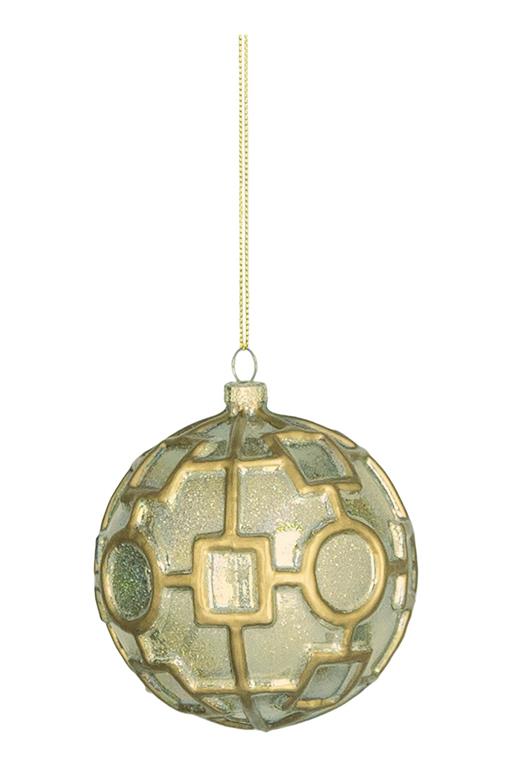 4.5-inch gilded mercury glass ball ornament with a gold geometric lattice pattern.