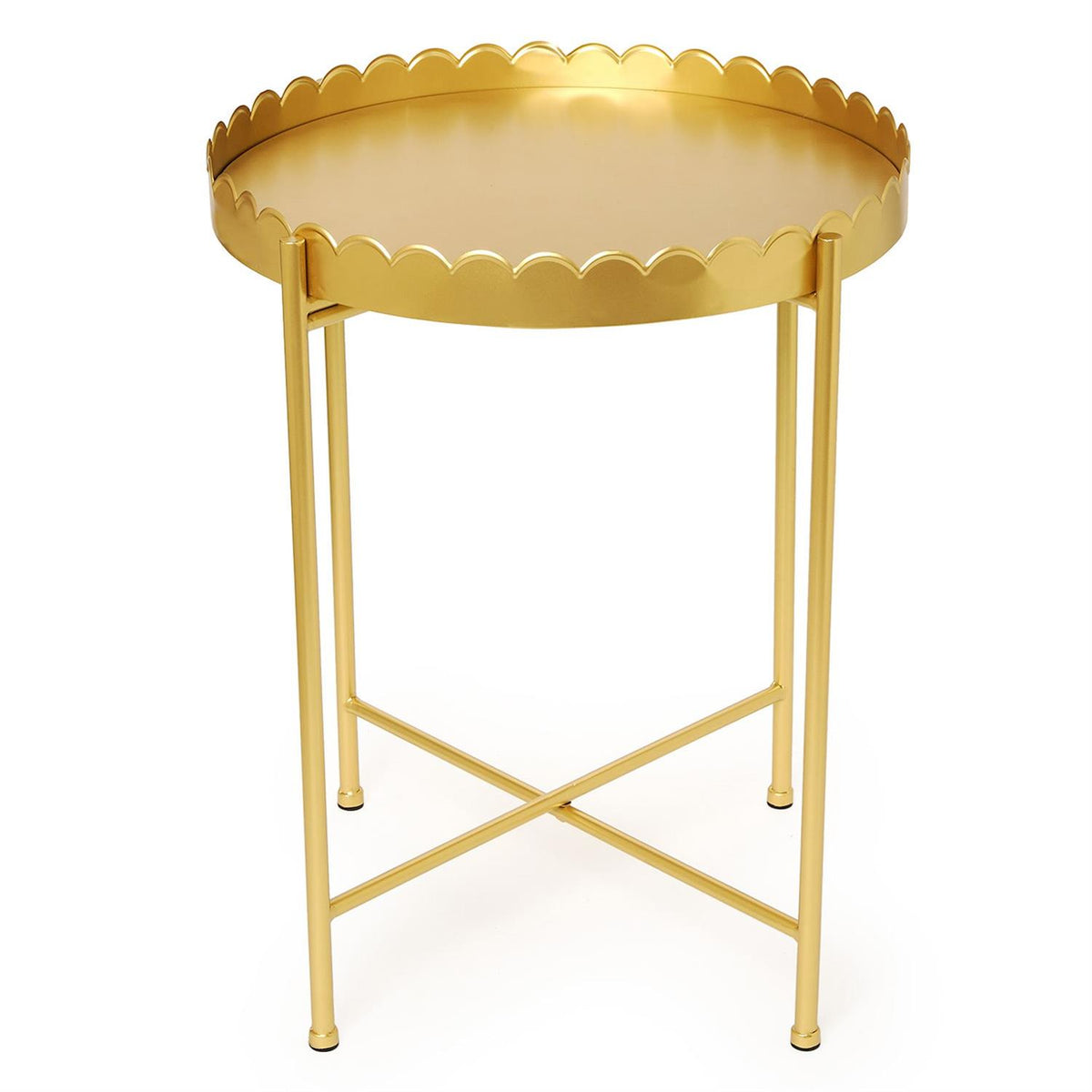 Round gold metallic side table with scalloped edge design
