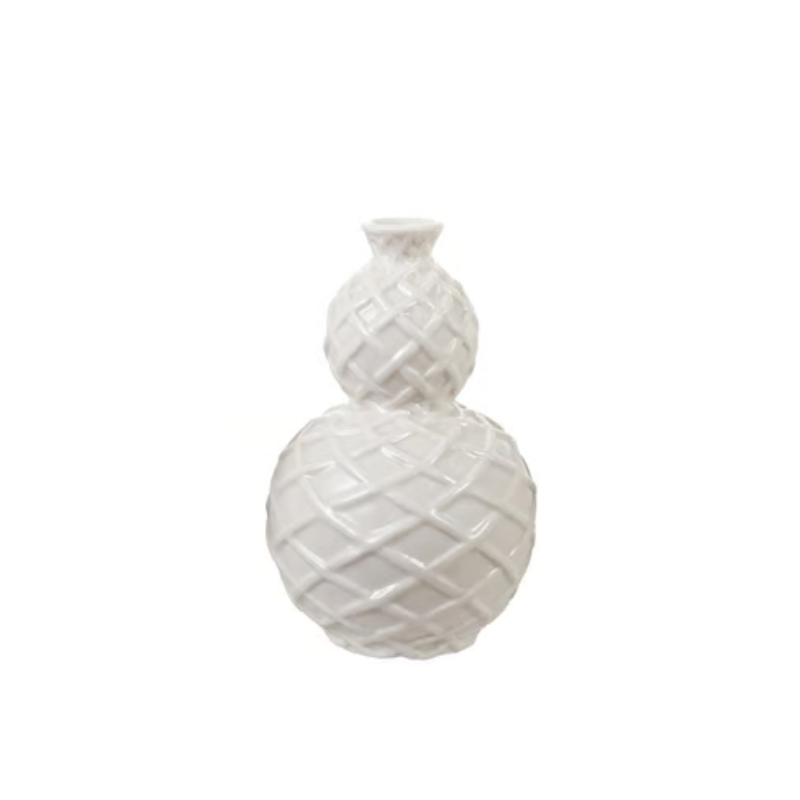 White stoneware double-gourd vase with a raised basket weave lattice texture.