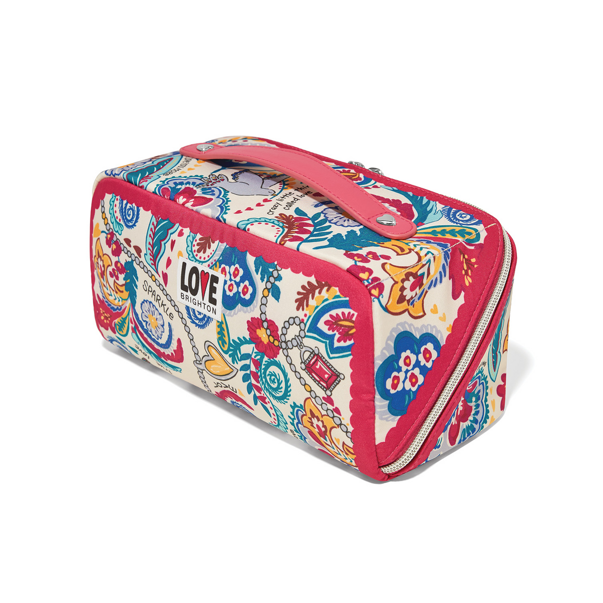Love Story Cosmetic Case with a colorful paisley pattern, pink handle, and silver zipper.
