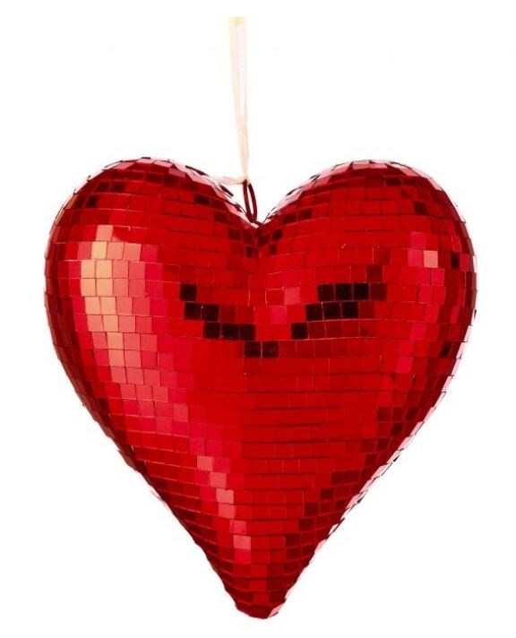 Mirrored heart ornament with a reflective silver finish measuring approximately 250mm.