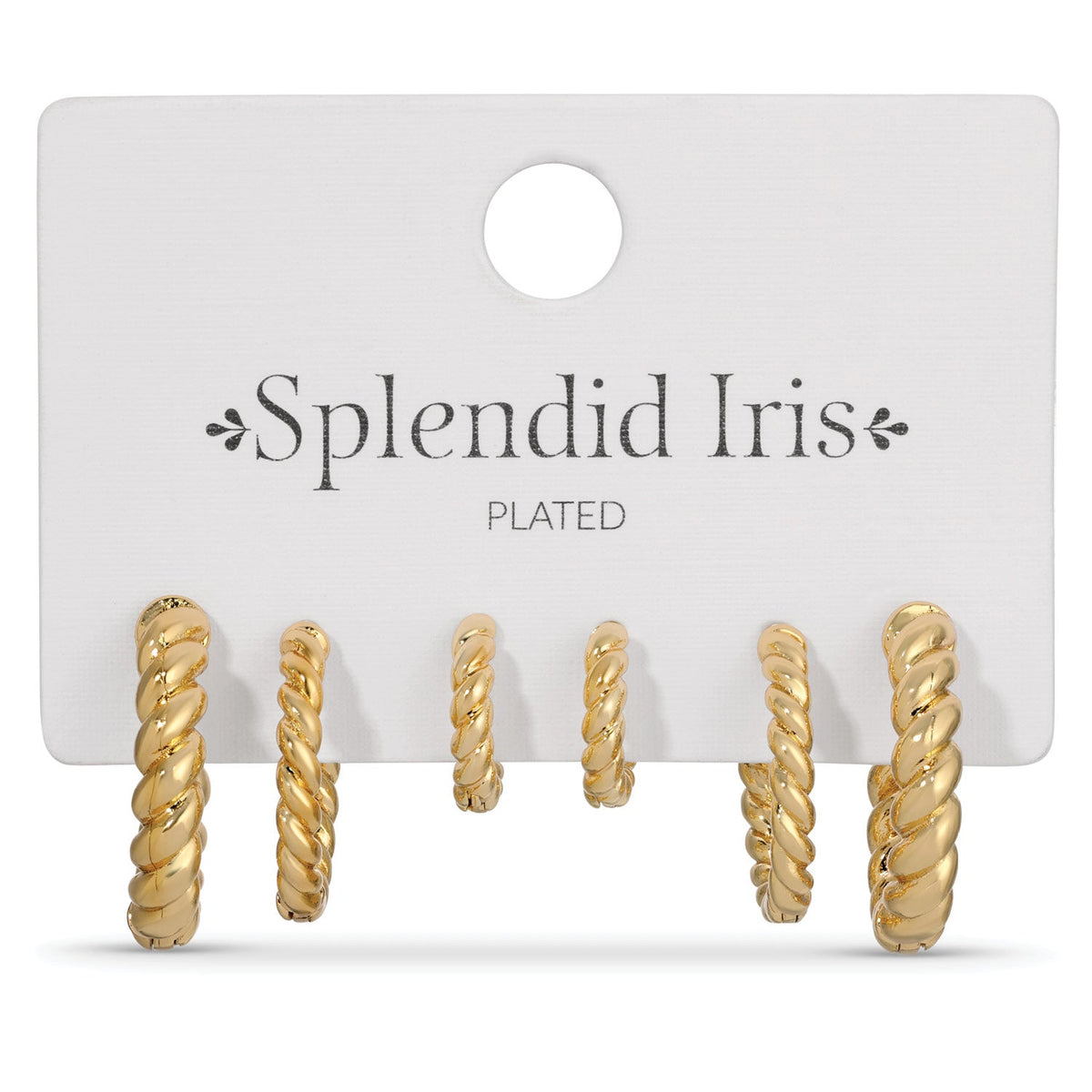 Set of three pairs of 18k gold plated twisted huggie hoop earrings on a Splendid Iris display card.