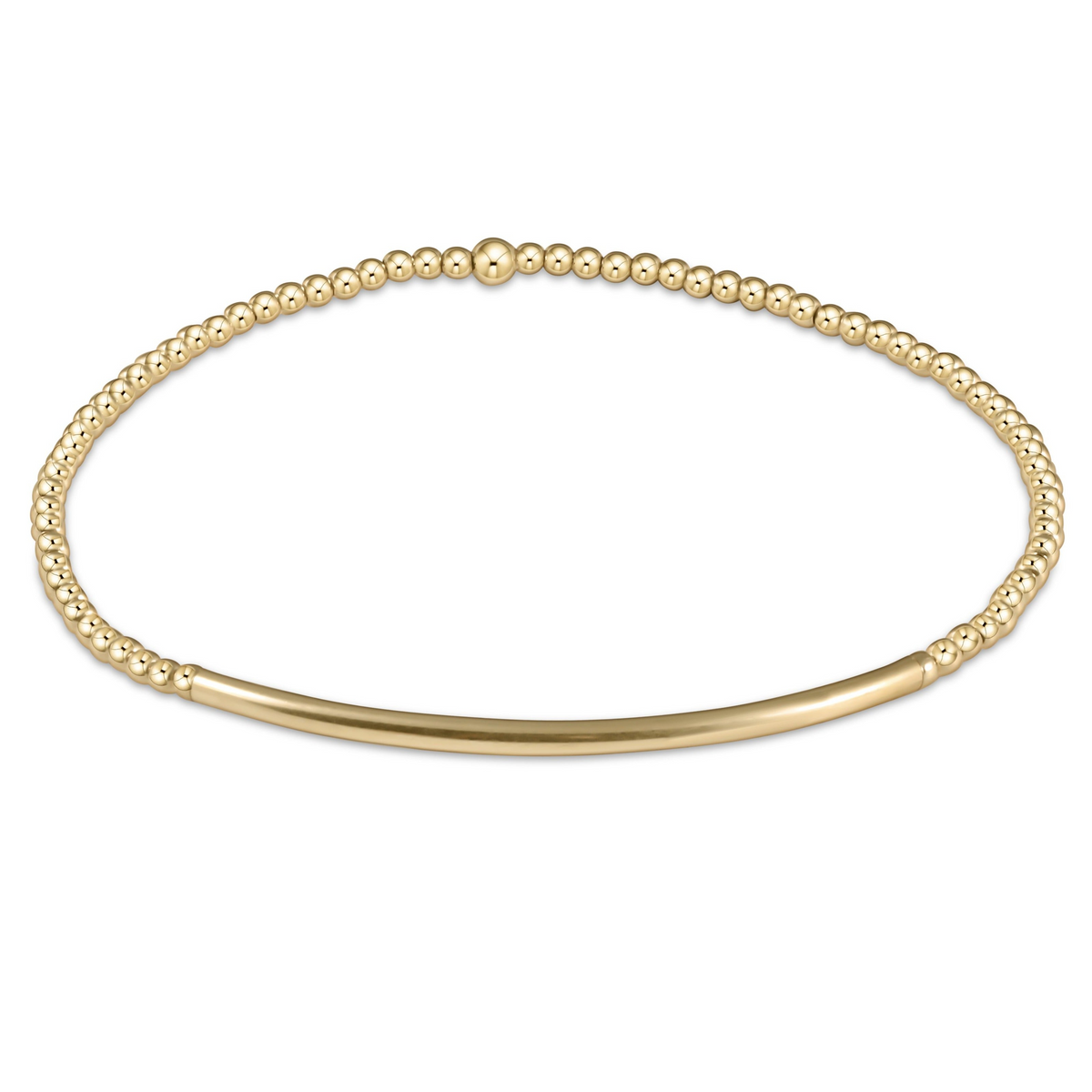 Bliss Bar Gold 2mm Bracelet featuring 14kt gold-filled beads and a smooth curved bar on elastic.