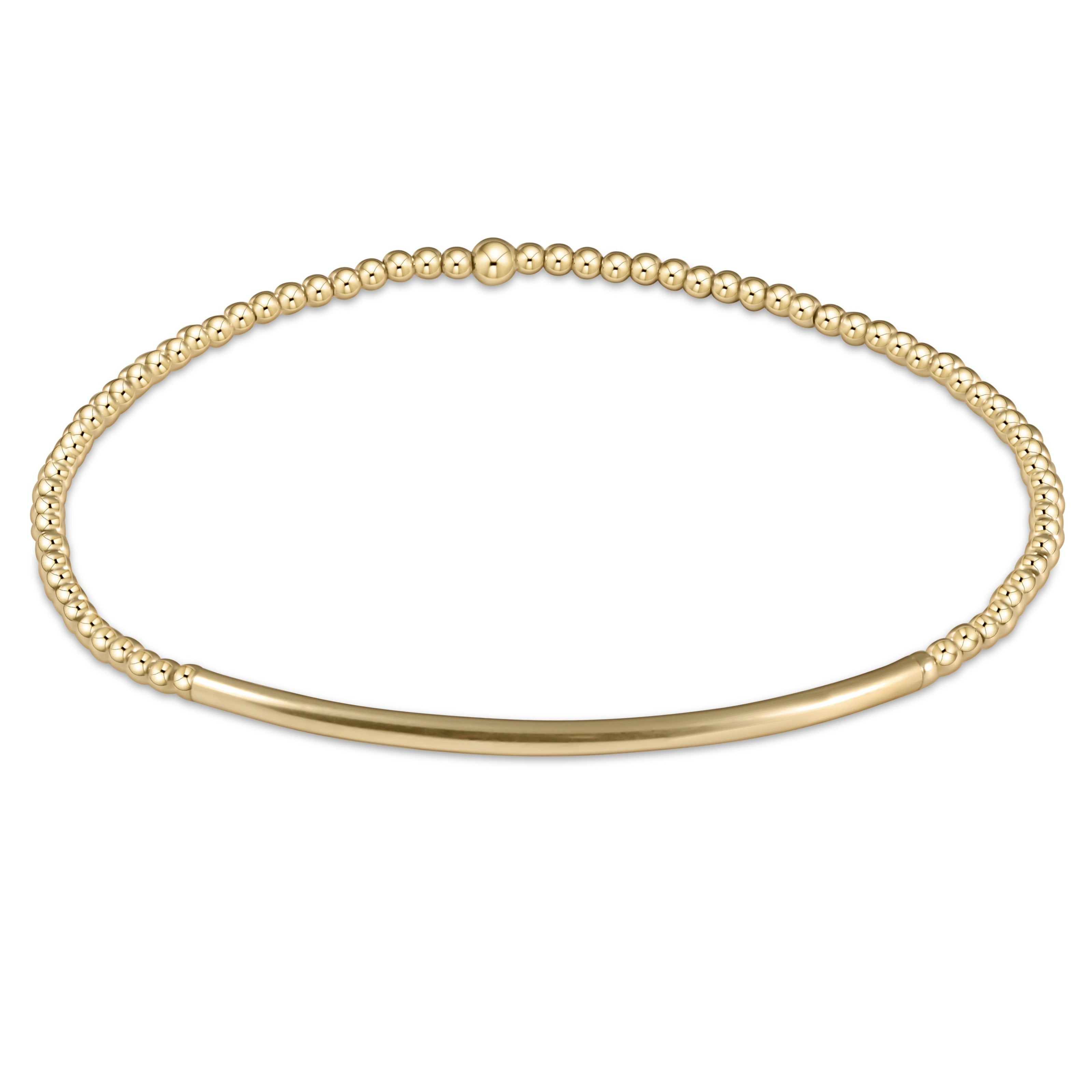 Bliss Bar Gold 2mm Bracelet featuring 14kt gold-filled beads and a smooth curved bar on elastic.