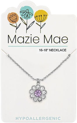 Silver Light Amethyst CZ Flower Mazie Mae Necklace on a white display card with floral illustrations.