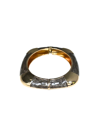 Gold-toned hinged cuff bracelet with grey marbled enamel panels in a square-round shape.