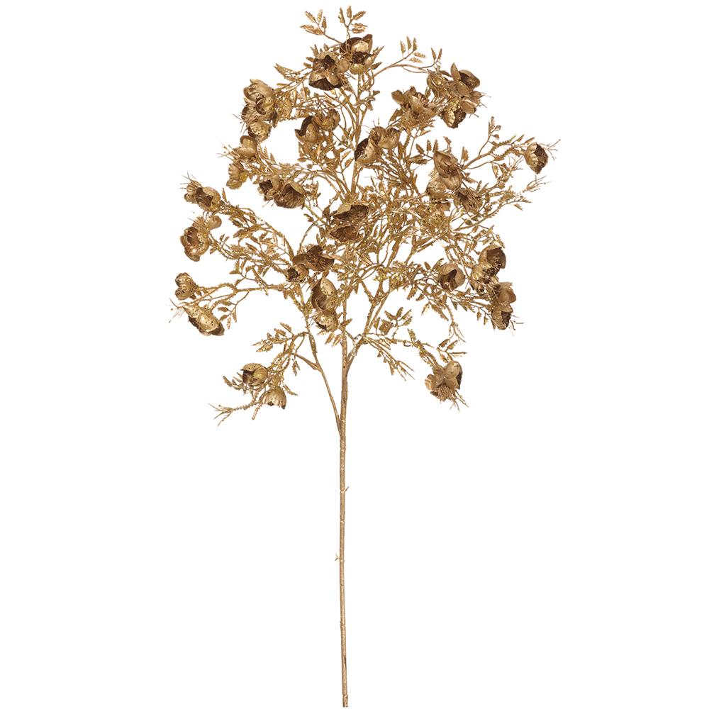 33.5 inch metallic gold wild rose spray with multiple glittery blossoms and leaves on a long stem.
