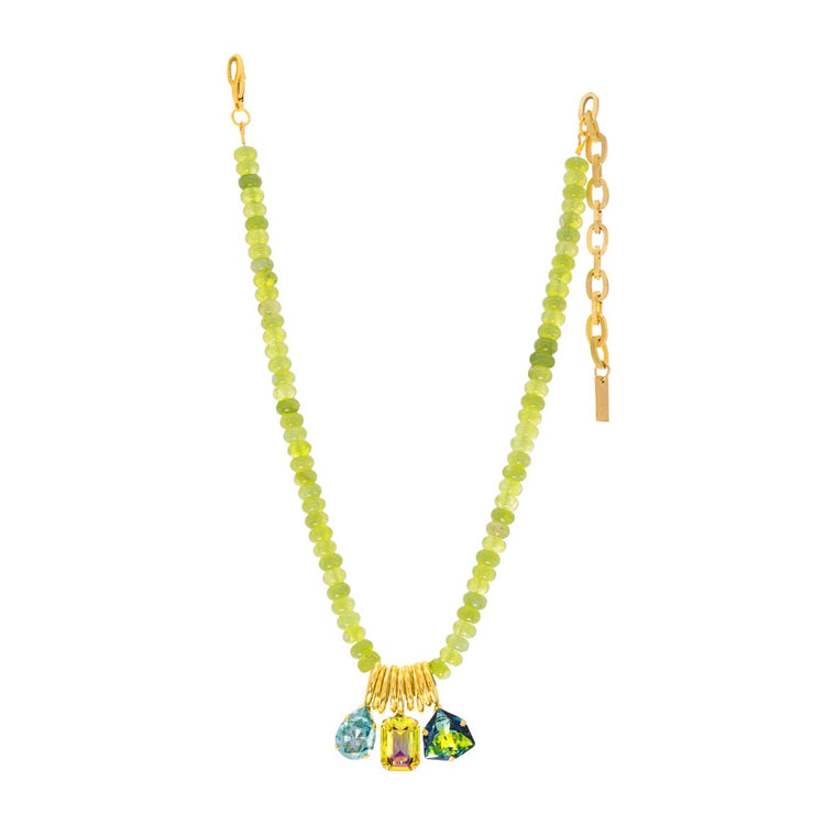 Antique gold plated brass necklace with high quality crystals and beads on a 16-inch chain.
