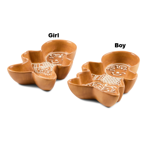 Two mocha-colored gingerbread-shaped ceramic snack bowls labeled Girl and Boy with white detailing.