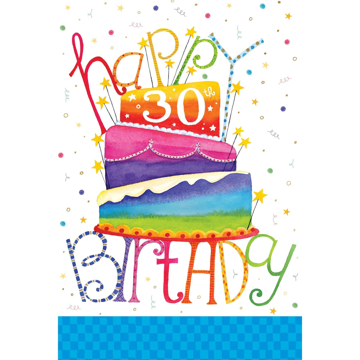 Rainbow cake with glitter foil accents featuring 'Happy 30th Birthday' and 'Thirty years of wonderful!' text.