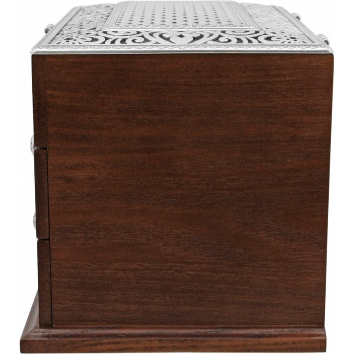 Side view of the Lacie Daisy Jewelry Chest featuring a dark wood finish and silver plated lid.
